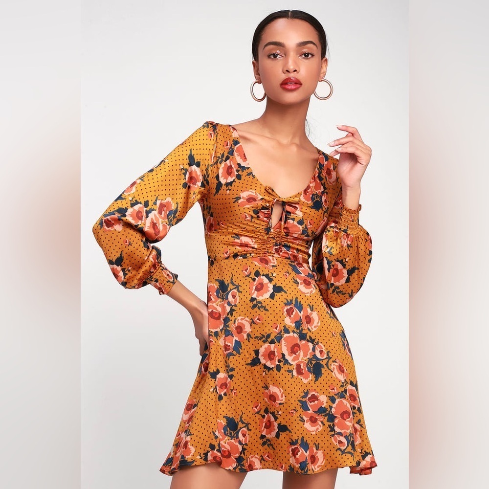 Free People Morning Light Golden Yellow Print Long Sleeve Mini Dress